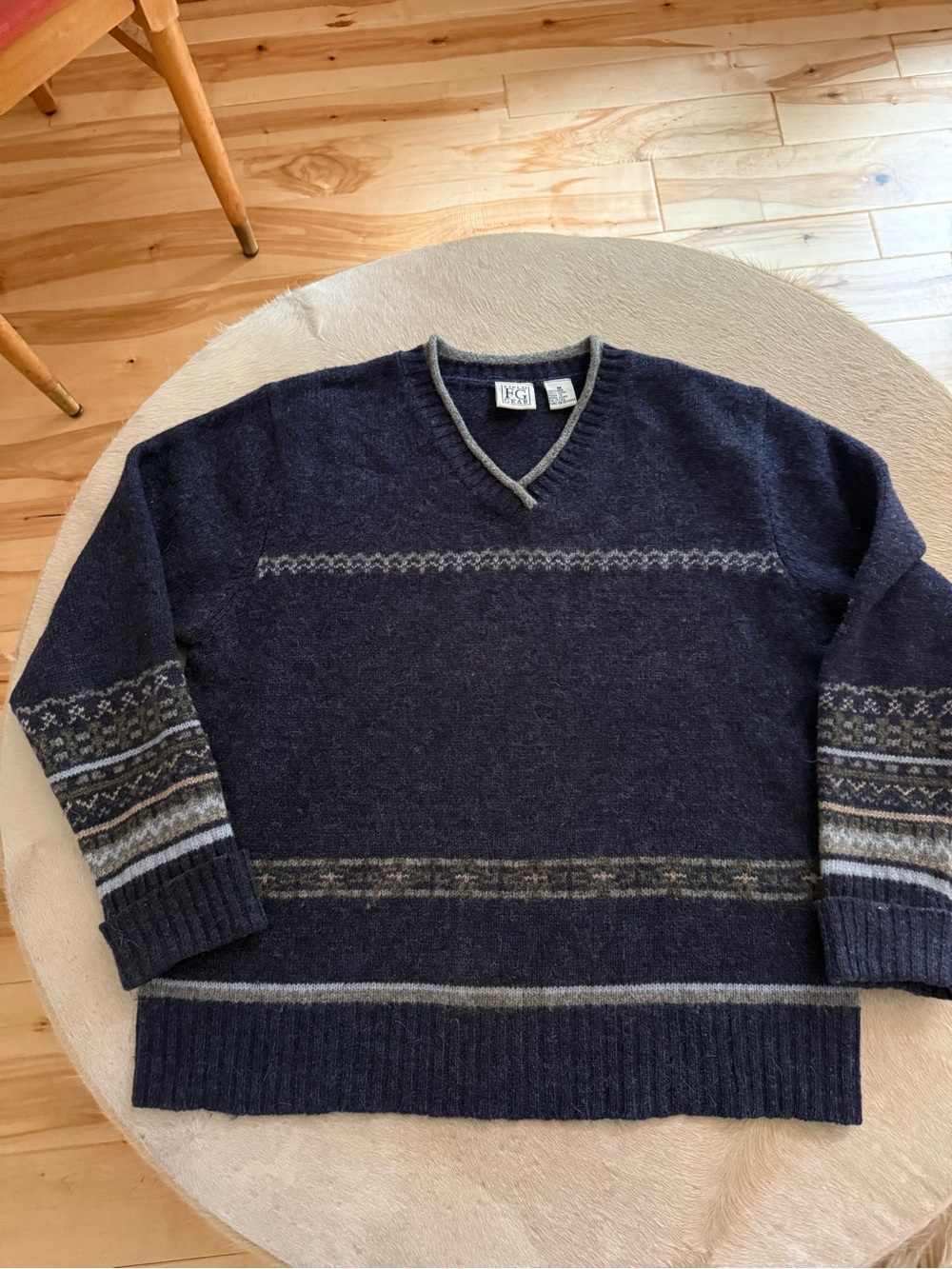 Classic Navy V-Neck Men's Sweater with Patterned Trim